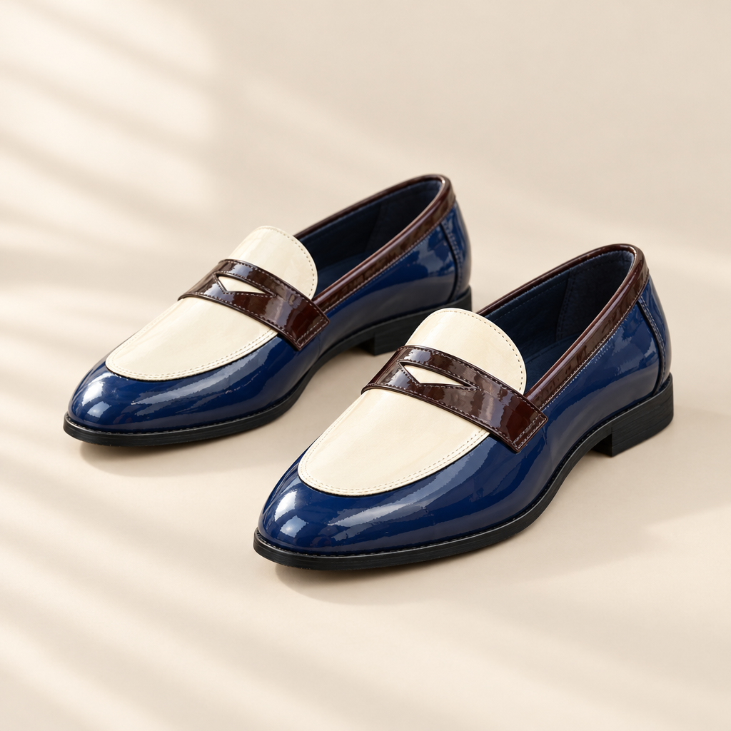 Navy and cream patent penny loafers