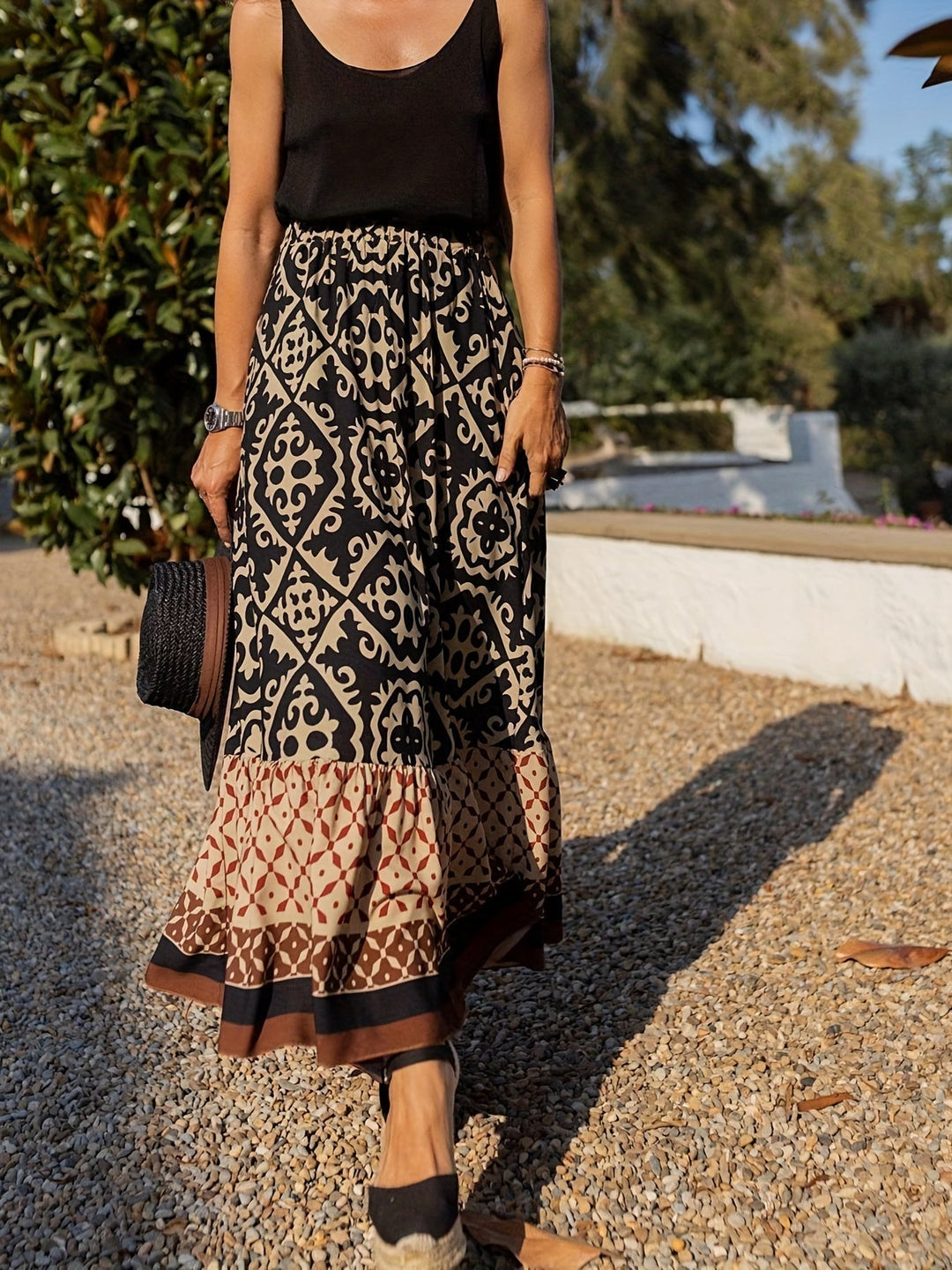 Printed Boho Maxi Skirt with Flowing Cut &amp; Fringes | Yalina