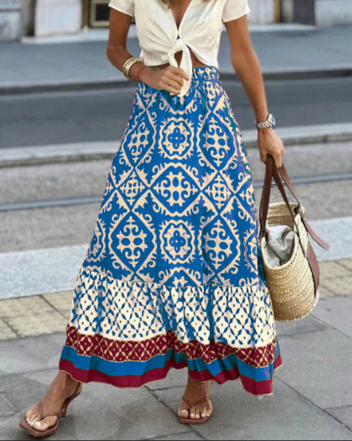 Printed Boho Maxi Skirt with Flowing Cut &amp; Fringes | Yalina