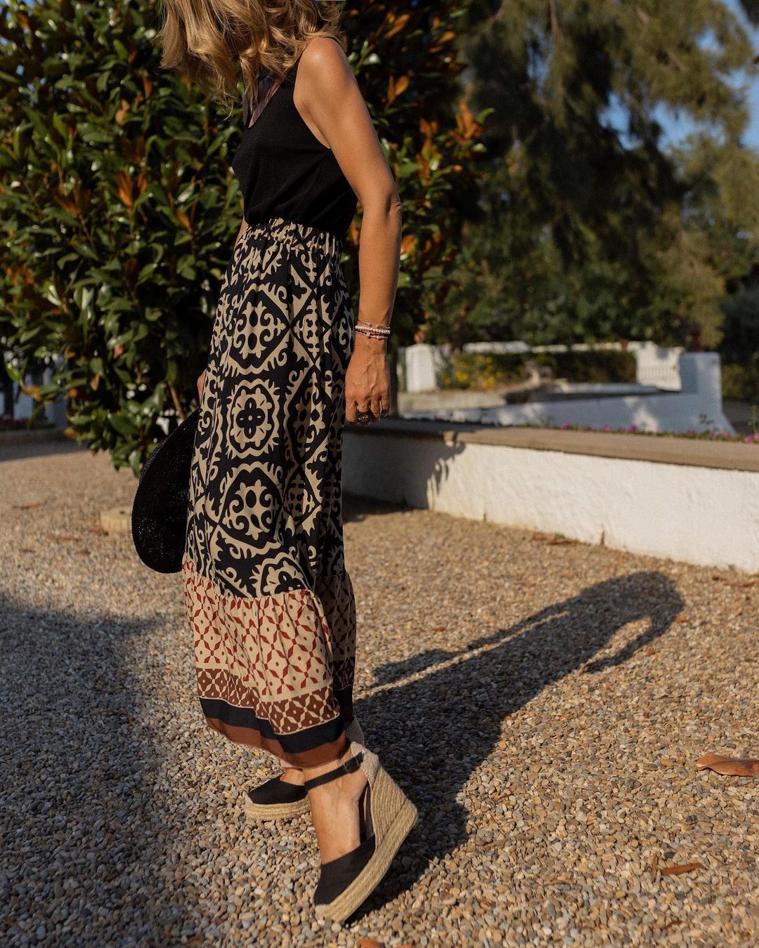 Printed Boho Maxi Skirt with Flowing Cut &amp; Fringes | Yalina