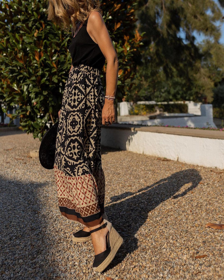 Printed Boho Maxi Skirt with Flowing Cut &amp; Fringes | Yalina