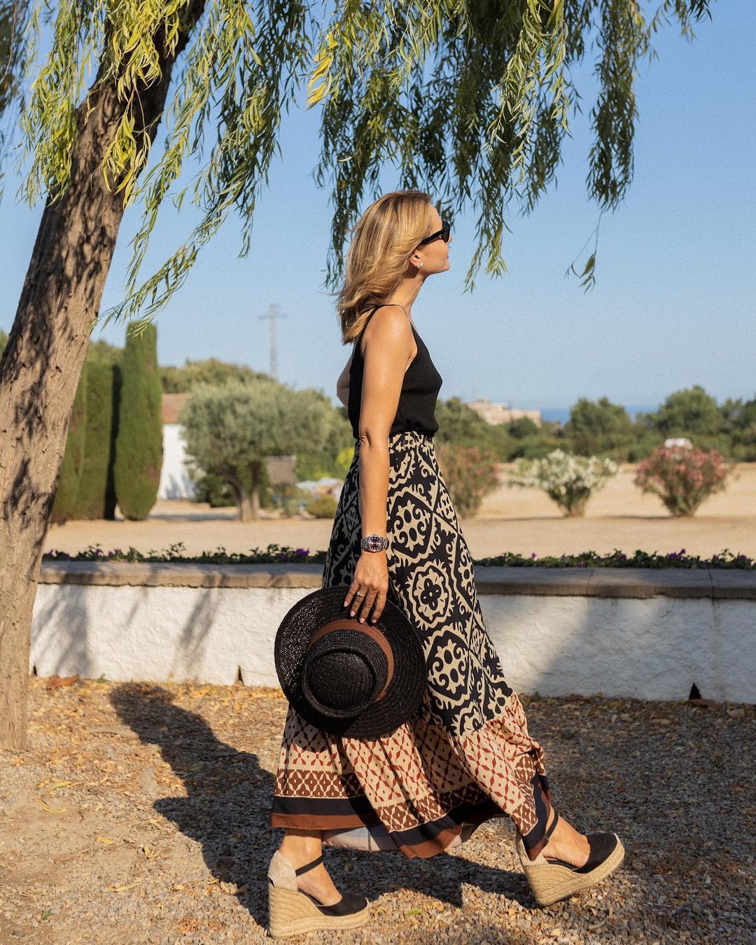 Printed Boho Maxi Skirt with Flowing Cut &amp; Fringes | Yalina