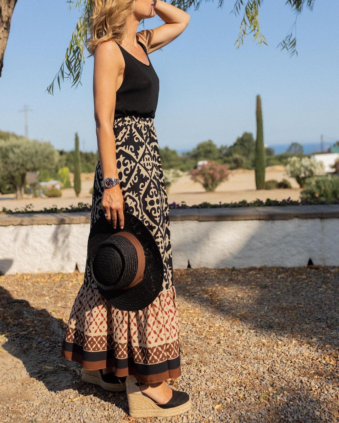 Printed Boho Maxi Skirt with Flowing Cut &amp; Fringes | Yalina