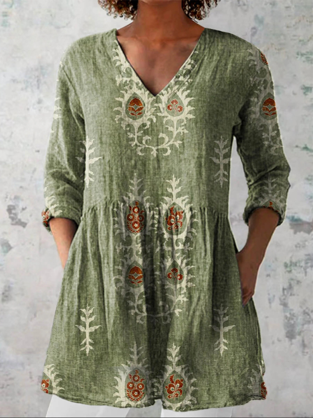 Elise | Soft Green Print V-Neck Blouse