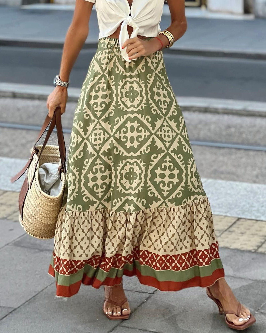 Printed Boho Maxi Skirt with Flowing Cut &amp; Fringes | Yalina