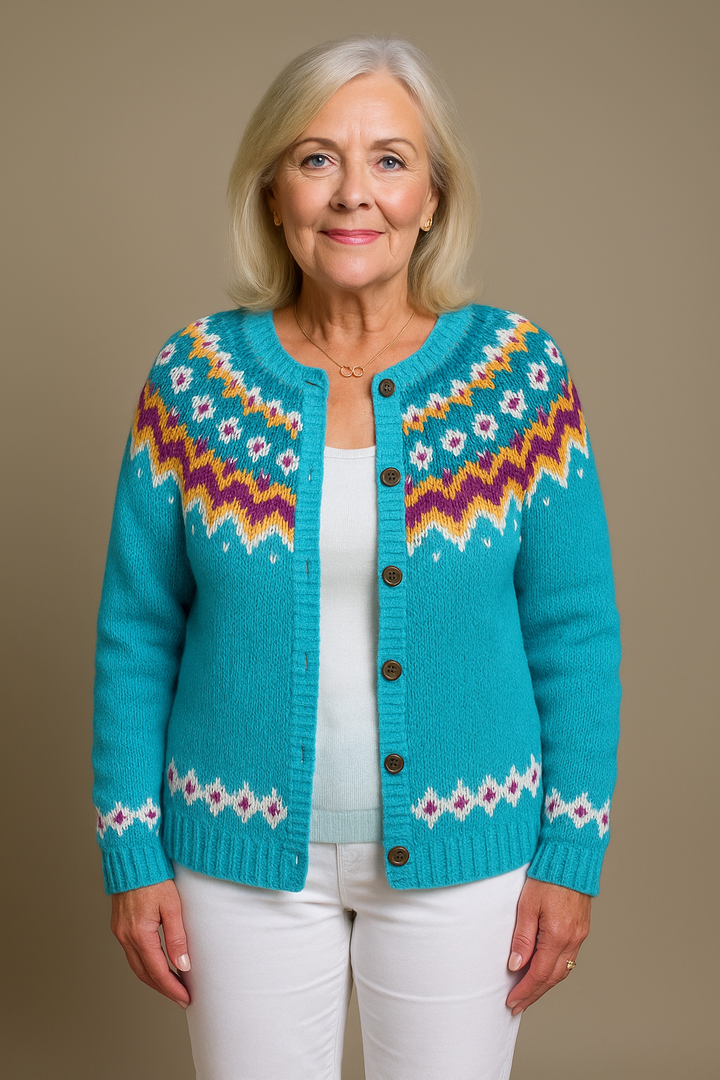 Olivia | Turquoise Fair Isle Knitted Cardigan