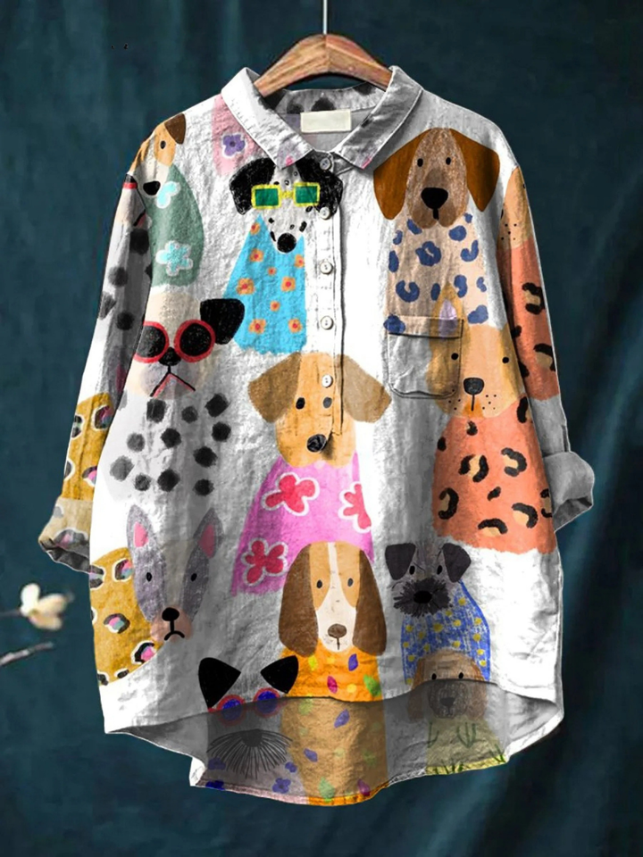 Ida | Casual Blouse with Colourful Cartoon Dog