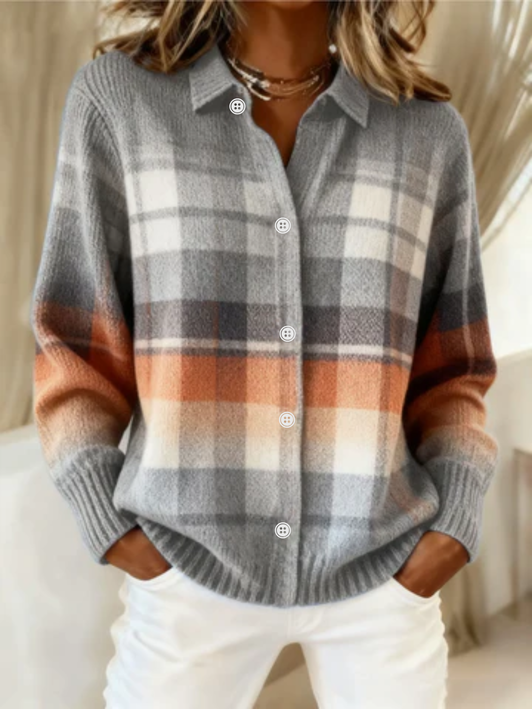 Elena™ | Checked Hoodie Blouse in Soft Tones