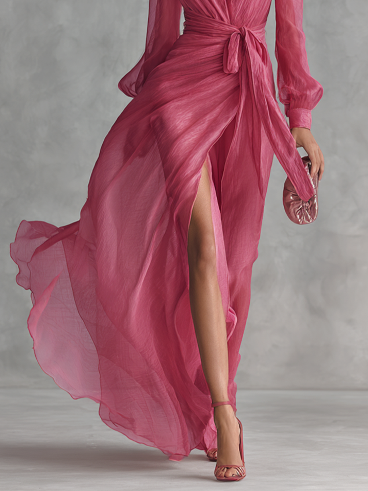 Pink Chiffon Dress with V-Neck