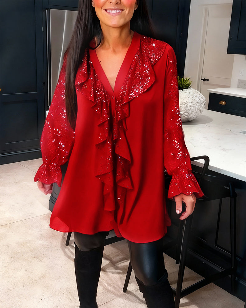 Loose Solid Colour Blouses with Ruffles