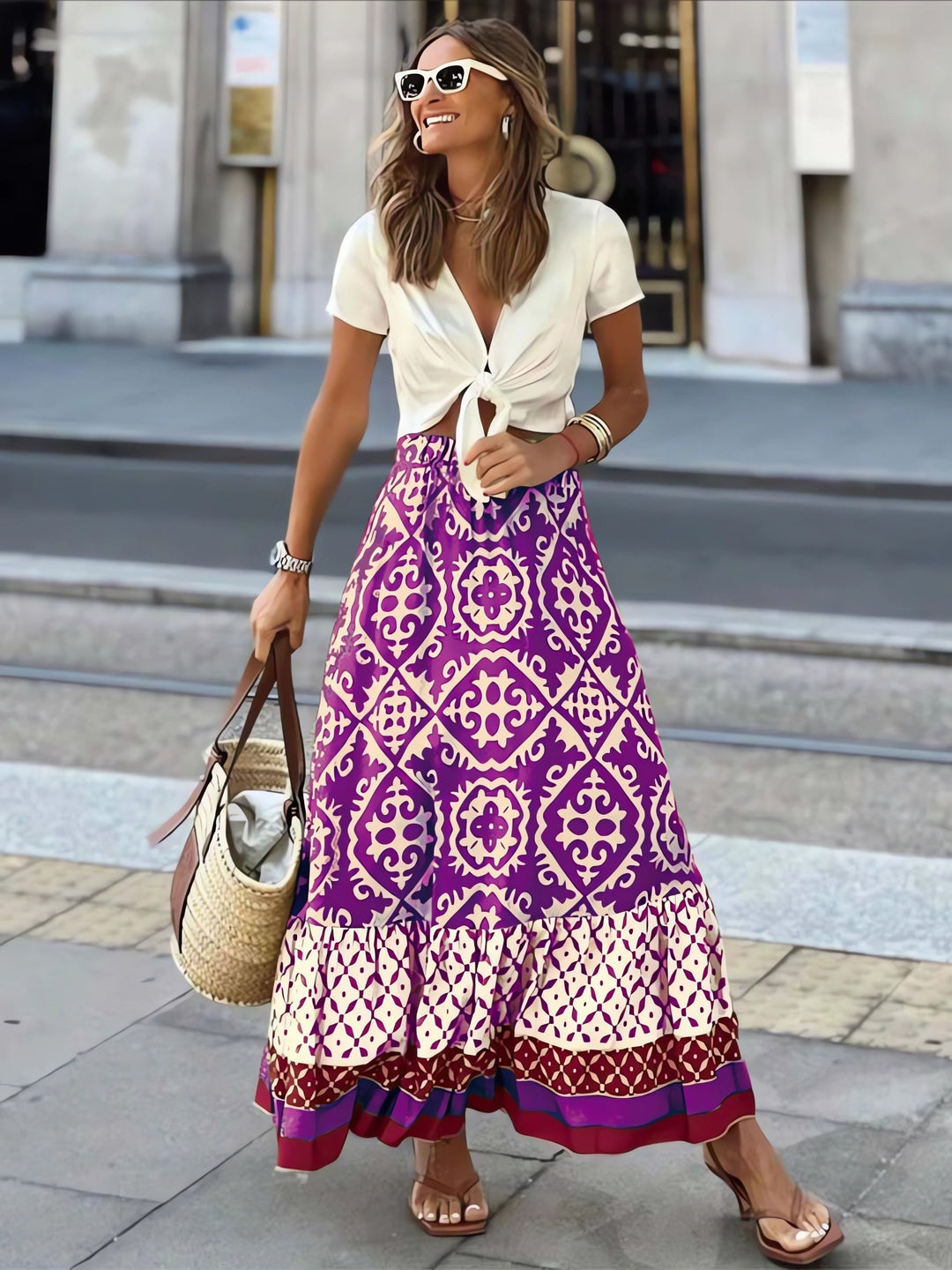 Printed Boho Maxi Skirt with Flowing Cut &amp; Fringes | Yalina