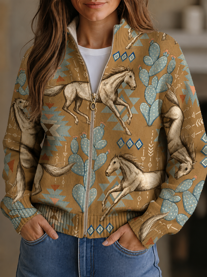 Kathryn | Horse &amp; Cactus Print Zip-Up Cardigan