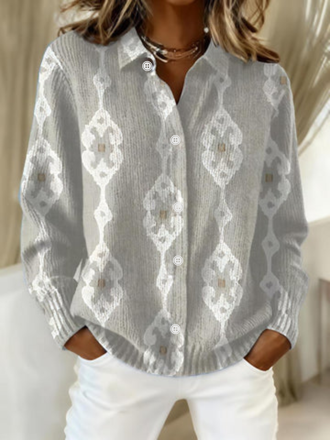 Renee™ | Elegant Knit Hoodie Blouse with Diamond Pattern