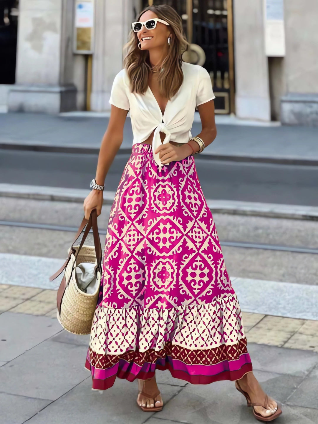 Printed Boho Maxi Skirt with Flowing Cut &amp; Fringes | Yalina