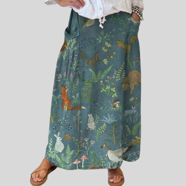 Ladies Retro Floral Animal Art Casual Linen Skirt