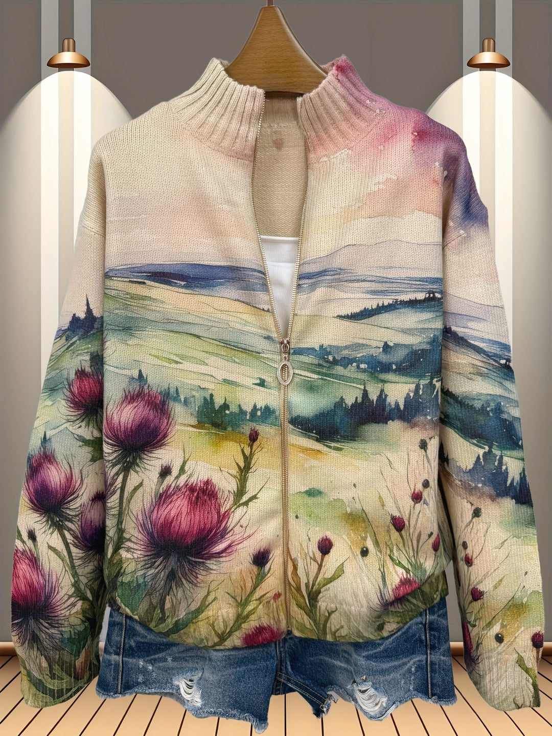 Averil | Scottish Thistle Zip-Up Cardigan