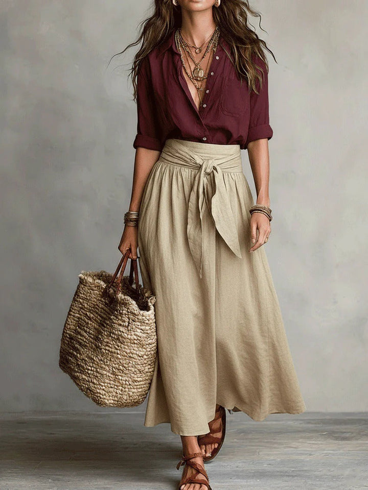 Boho High Waist Linen Maxi Skirt with Tie Waist