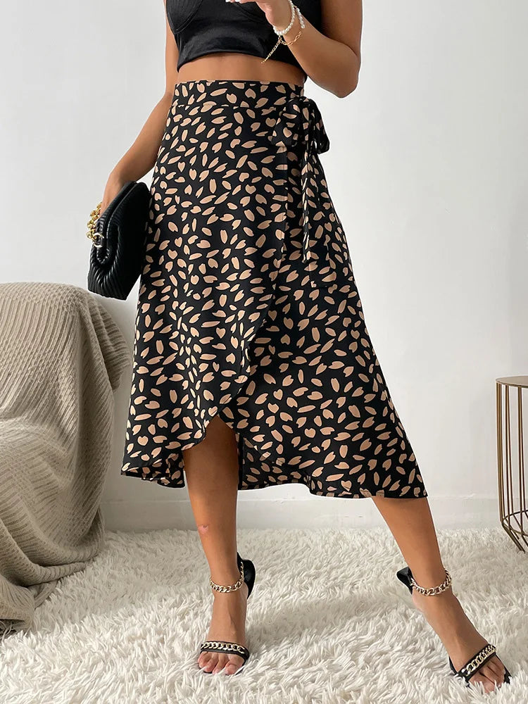 Bold High Waist Leopard Print Midi Skirt with Tie Waist