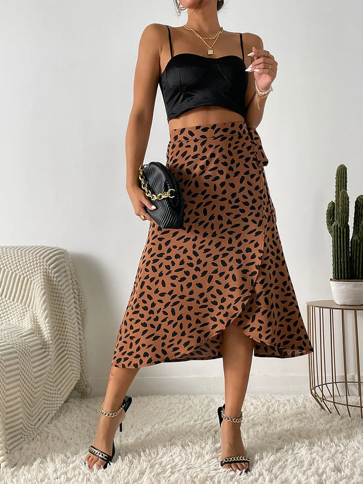 Bold High Waist Leopard Print Midi Skirt with Tie Waist