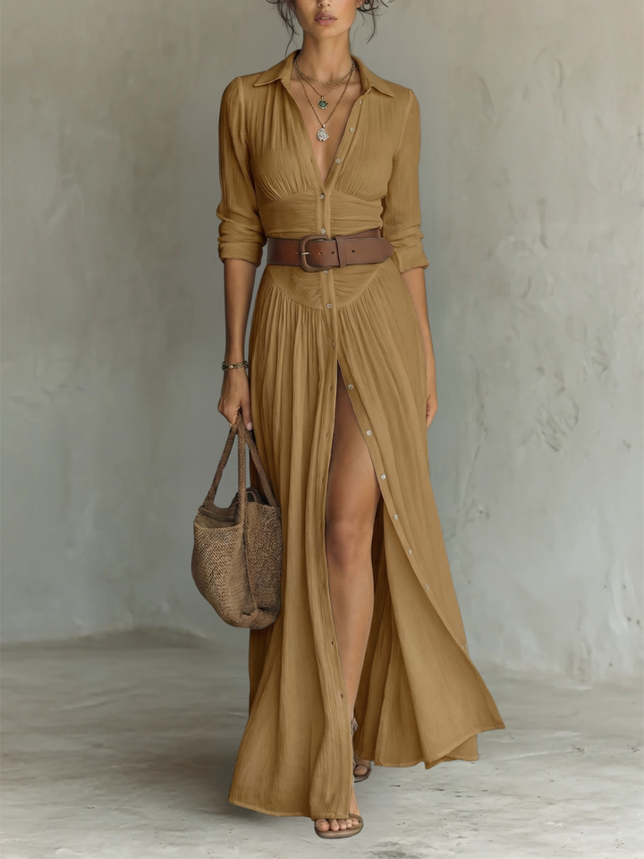 Linen Maxi Dress with Notch Collar and Long Sleeves