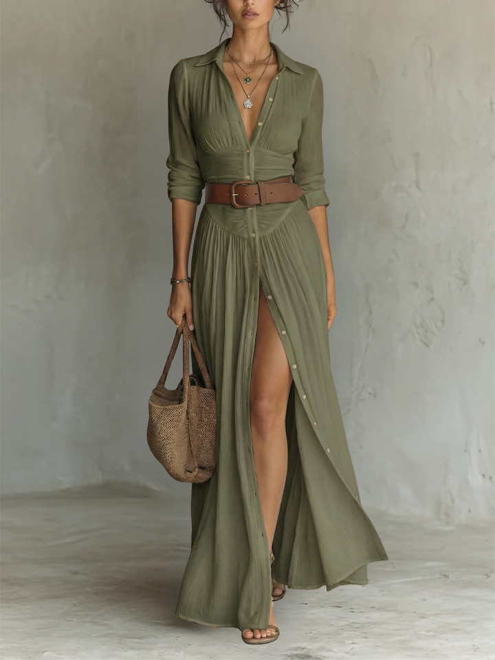 Linen Maxi Dress with Notch Collar and Long Sleeves