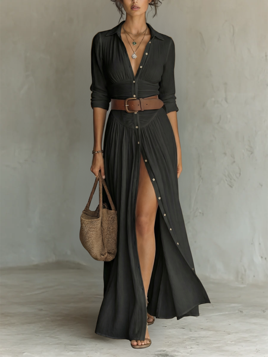 Linen Maxi Dress with Notch Collar and Long Sleeves