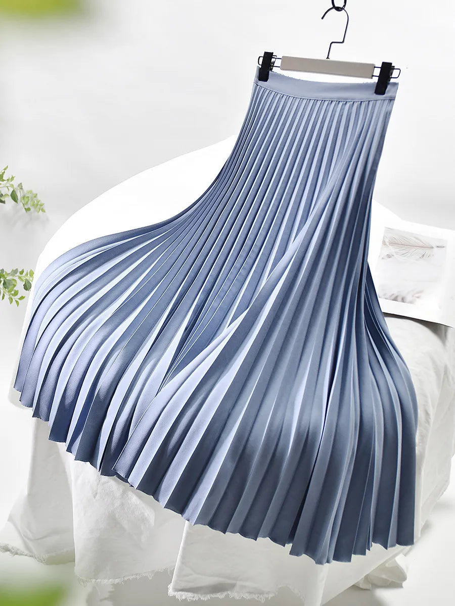 Elegant High Waist Pleated Midi Skirt with Elasticated Waistband