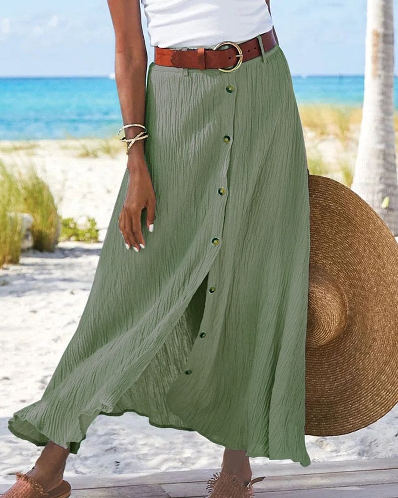 Flowy Button Front Maxi Skirt in Linen-Style Fabric