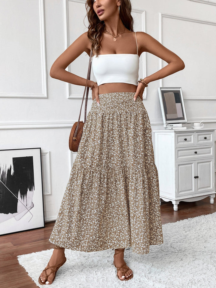 Flowy Ditsy Floral Maxi Skirt with Elasticated High Waist