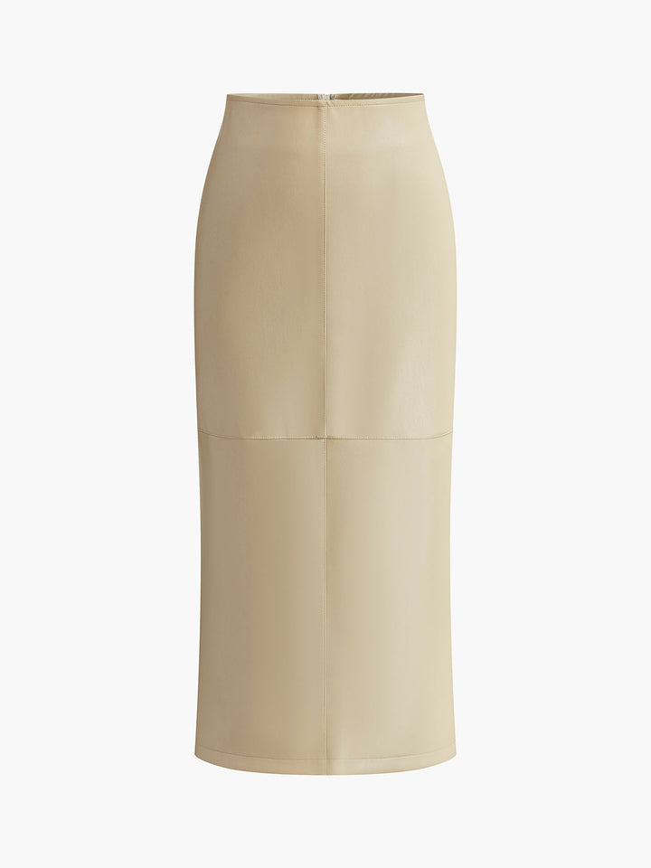 High Waist Faux Leather Midi Skirt with Back Slit