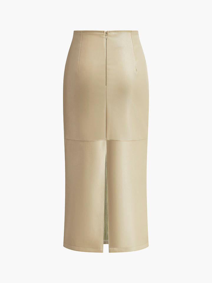 High Waist Faux Leather Midi Skirt with Back Slit