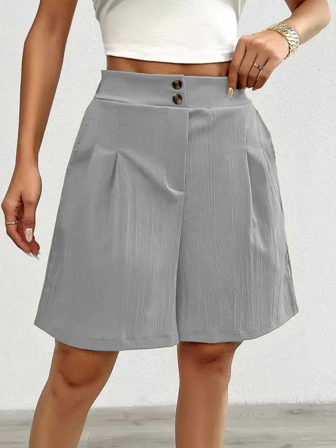 High Waist Pleated Shorts with Double Button Detail