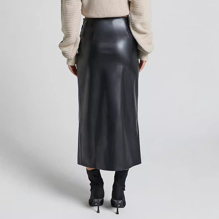 Leather Midi Skirt with Front Split in Sleek Straight Cut