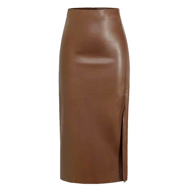 Leather Midi Skirt with Front Split in Sleek Straight Cut