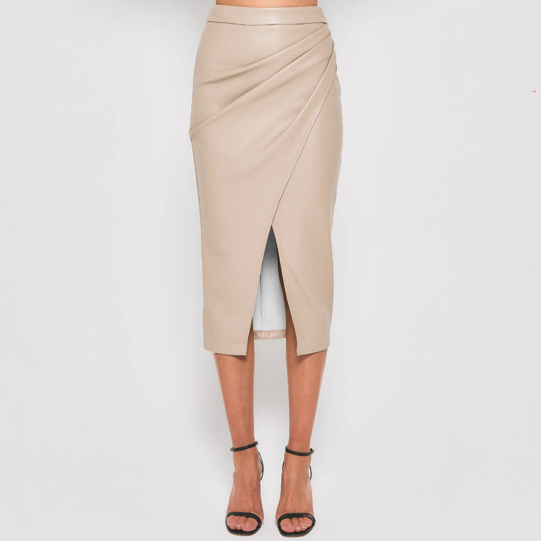 Leather Midi Skirt with Gathered Wrap Front and Split Hem