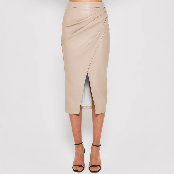 Leather Midi Skirt with Gathered Wrap Front and Split Hem