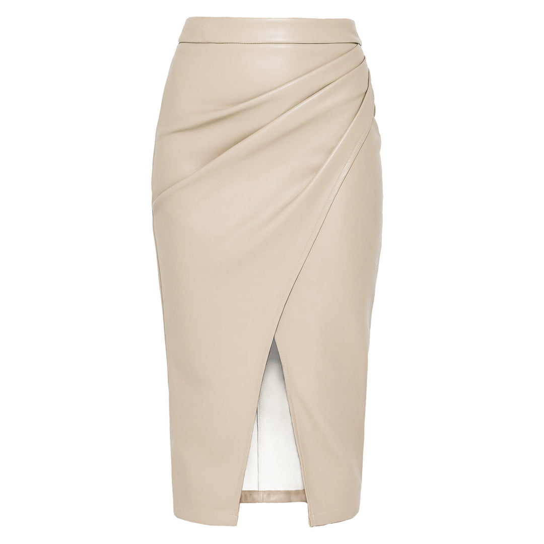 Leather Midi Skirt with Gathered Wrap Front and Split Hem