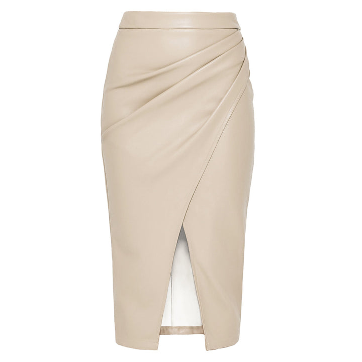 Leather Midi Skirt with Gathered Wrap Front and Split Hem