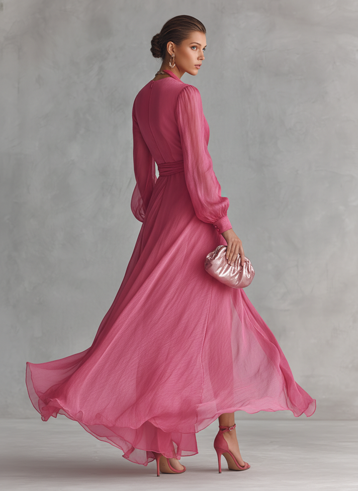 Pink Chiffon Dress with V-Neck