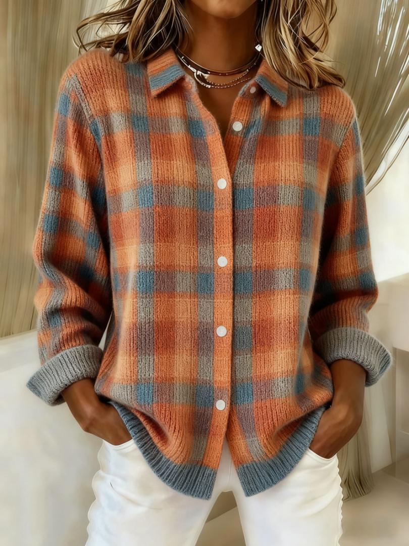 Sofia™ | Checked Blouse Made from Warm, Soft Hoodie Material