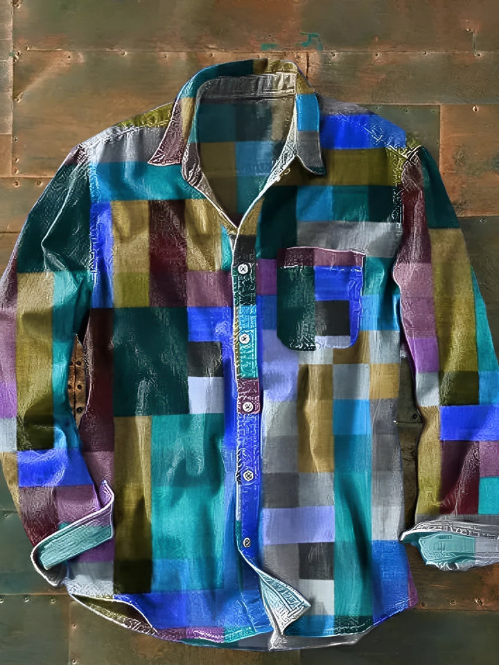 Hetty London Long Sleeve Colour Block Patchwork Shirt for Men