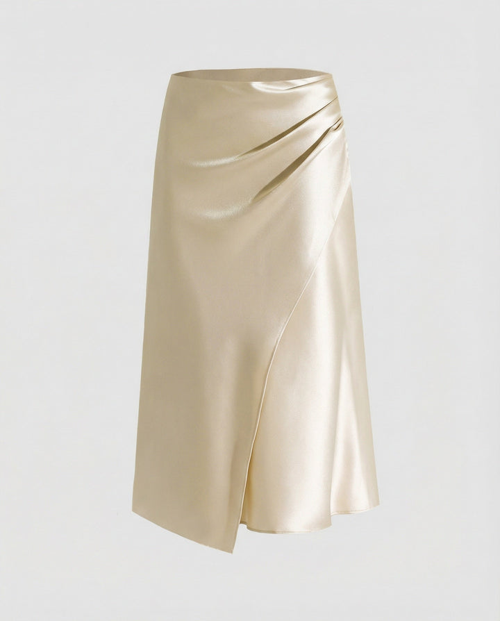 Satin Midi Skirt with Wrap Front and Split Hem