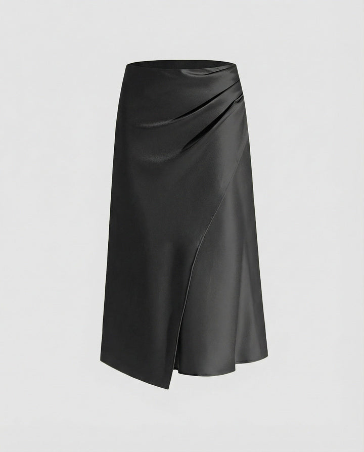Satin Midi Skirt with Wrap Front and Split Hem