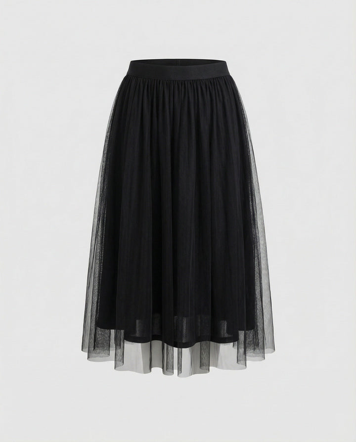 Tulle Midi Skirt with Full Layered A-Line Silhouette and Elasticated Waist
