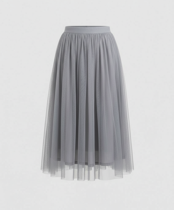 Tulle Midi Skirt with Full Layered A-Line Silhouette and Elasticated Waist