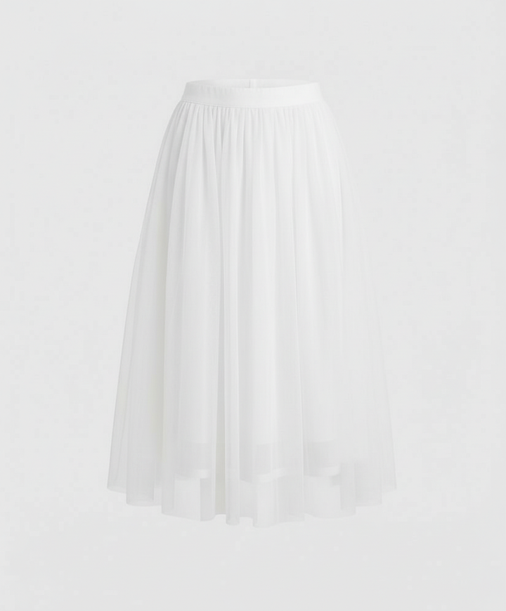 Tulle Midi Skirt with Full Layered A-Line Silhouette and Elasticated Waist