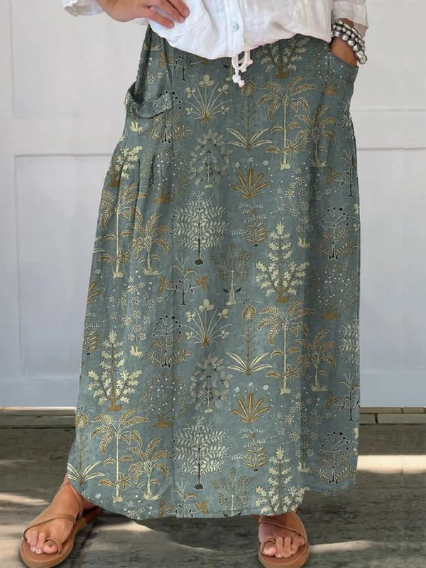 Patterned Midi Skirt with Forest Vegetation for Women, Elastic Waistband, with Pockets