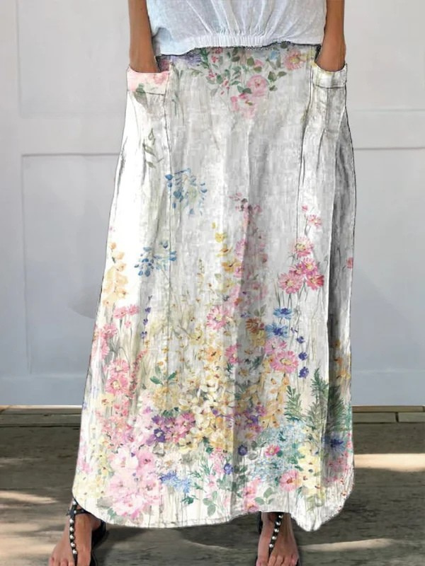 Ladies Vintage Botanical Floral Linen Elastic Waistband Skirt