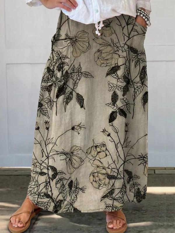 Ladies Retro Floral Art Linen Elastic Waist Skirt with Pockets
