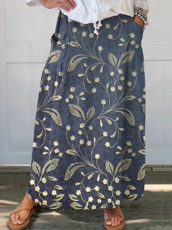 Ladies Retro Floral Art Linen Elastic Waist Skirt with Pockets